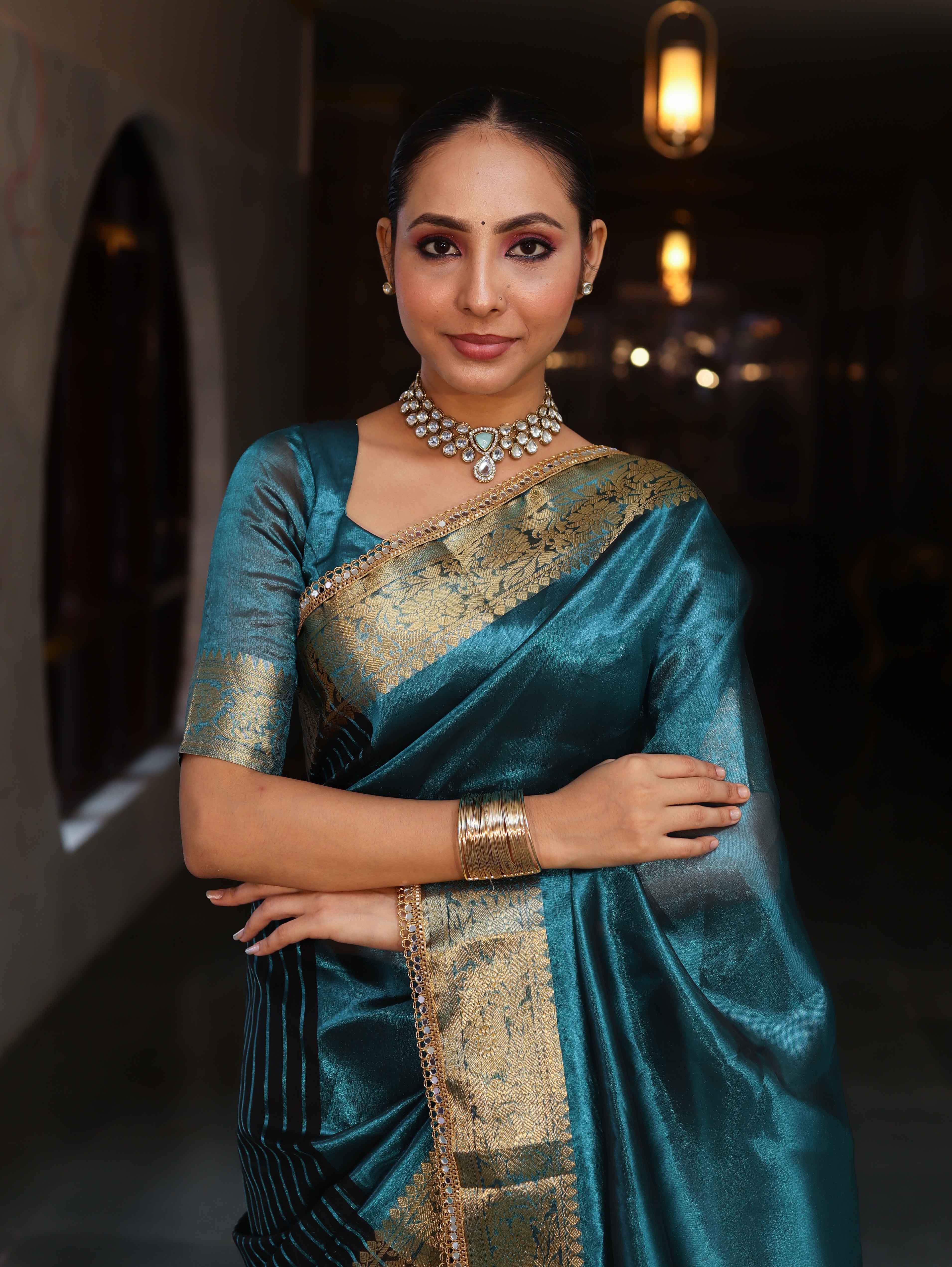 Banarasee Handwoven Dual Color Tissue Saree With Gold Zari Border & Lace-Teal Blue & Black