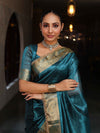 Banarasee Handwoven Dual Color Tissue Saree With Gold Zari Border & Lace-Teal Blue & Black