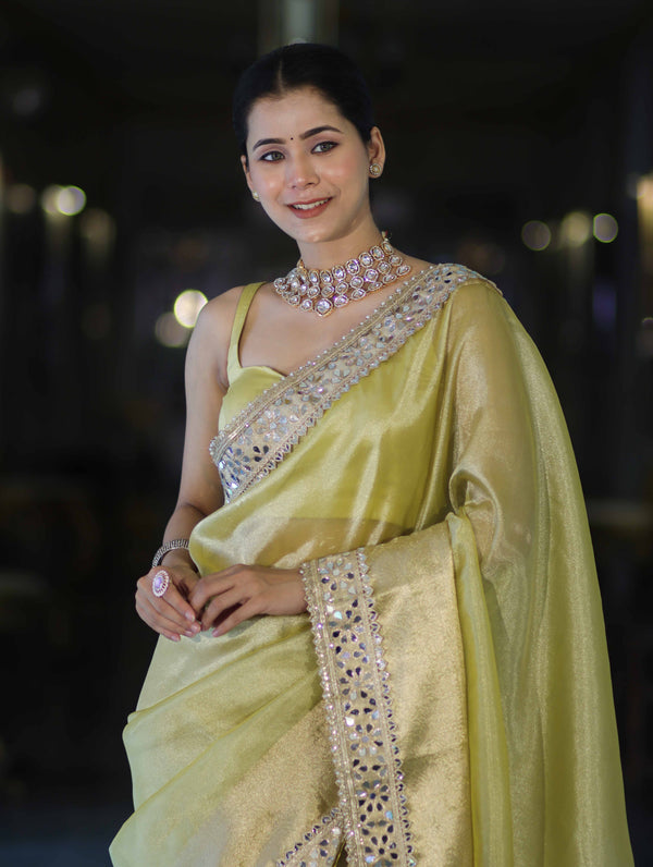 Banarasee Handwoven Tissue Saree With Floral Zari Border & Mirror Work Lace–Light Yellow