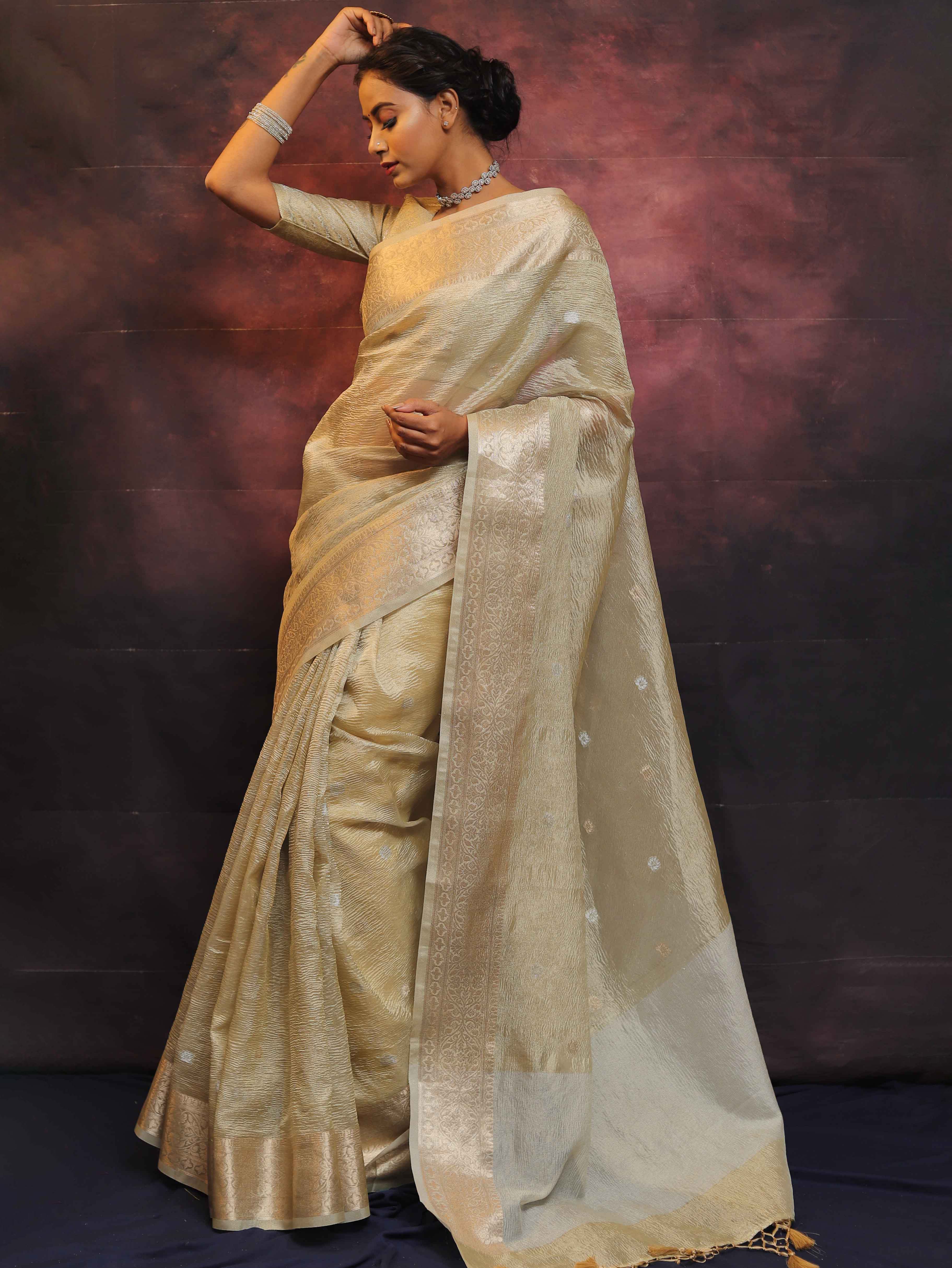 Banarasee Handwoven Silver Buta Crushed Tissue Zari Border Saree-Silver