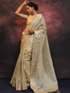 Banarasee Handwoven Silver Buta Crushed Tissue Zari Border Saree-Silver