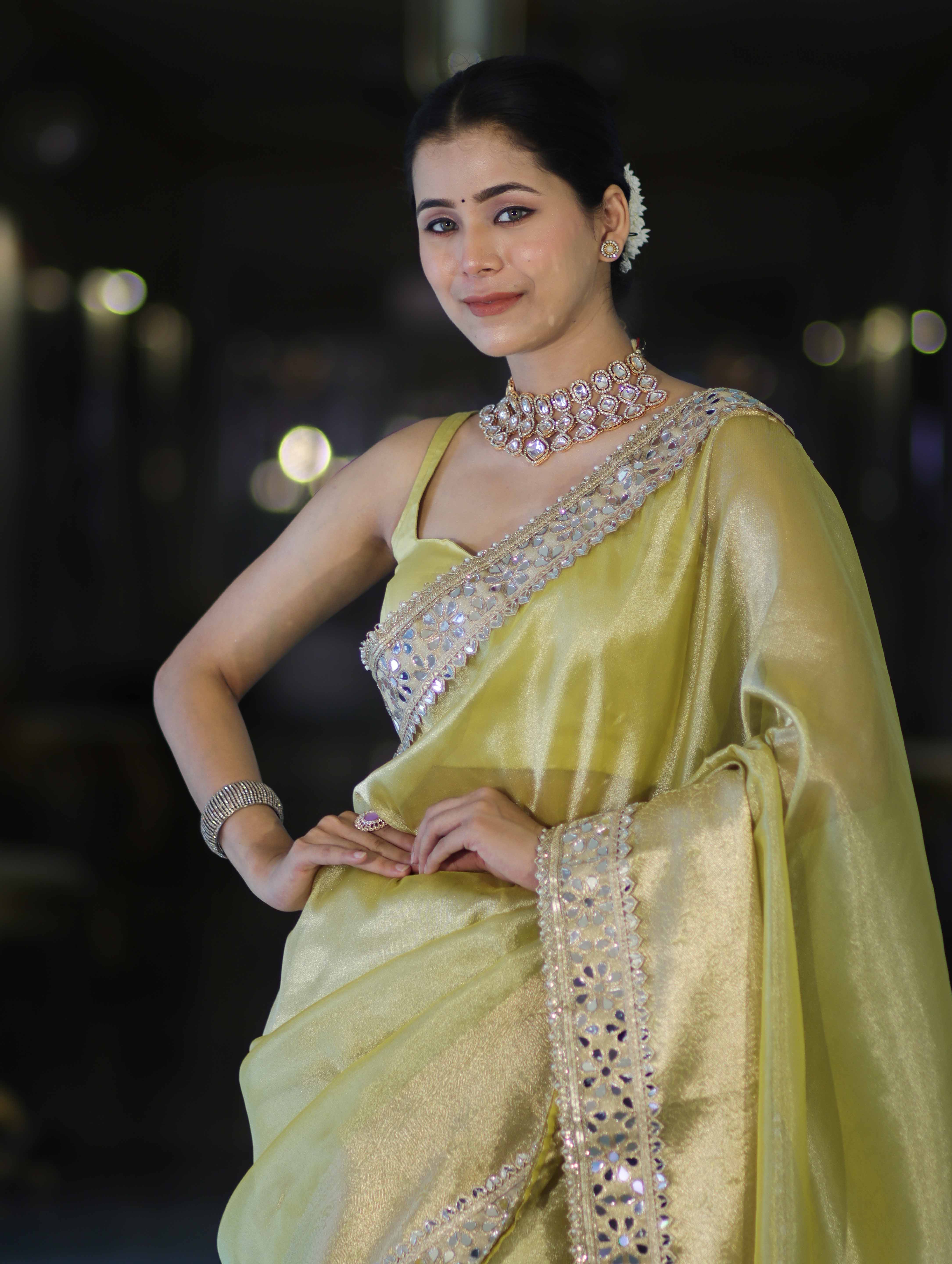 Banarasee Handwoven Tissue Saree With Floral Zari Border & Mirror Work Lace–Light Yellow