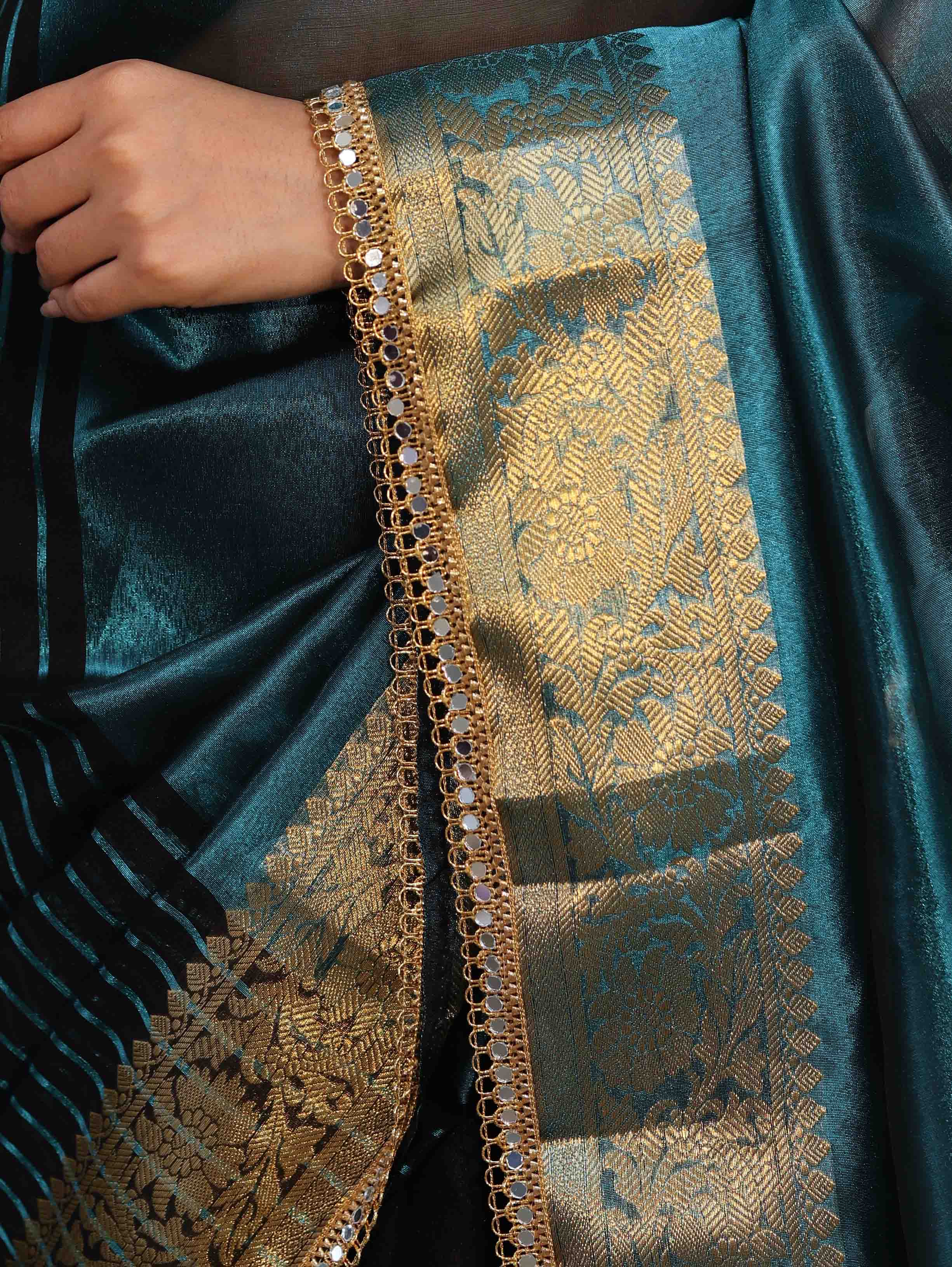 Banarasee Handwoven Dual Color Tissue Saree With Gold Zari Border & Lace-Teal Blue & Black