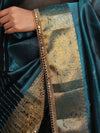 Banarasee Handwoven Dual Color Tissue Saree With Gold Zari Border & Lace-Teal Blue & Black