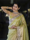 Banarasee Handwoven Tissue Saree With Floral Zari Border & Mirror Work Lace–Light Yellow