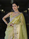 Banarasee Handwoven Tissue Saree With Floral Zari Border & Mirror Work Lace–Light Yellow