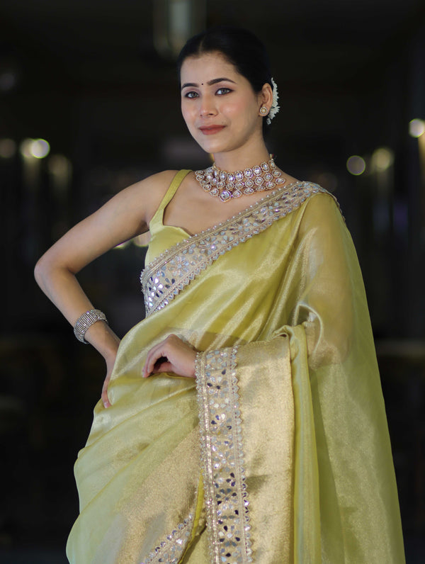 Banarasee Handwoven Tissue Saree With Floral Zari Border & Mirror Work Lace–Light Yellow