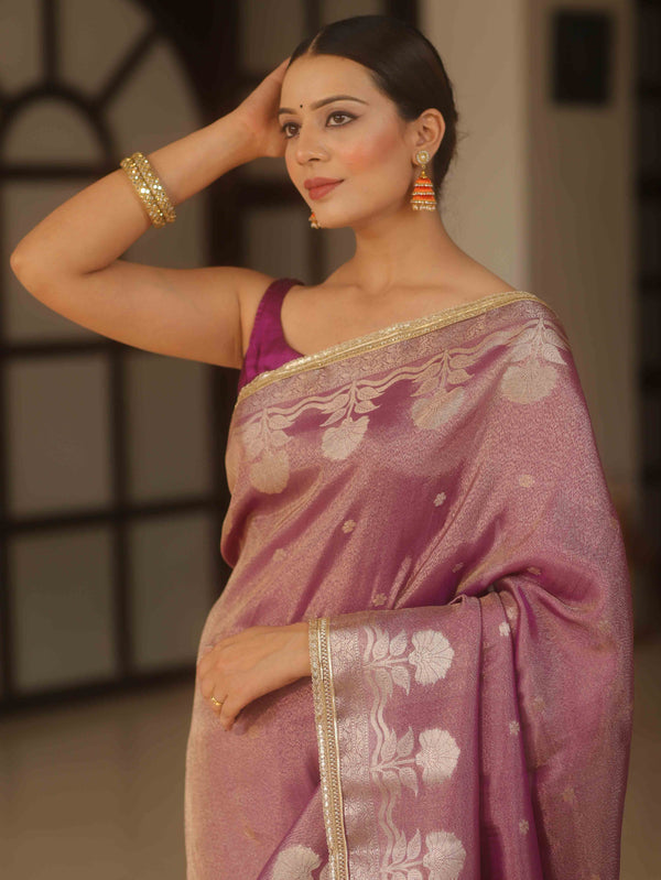 Banarasee Handwoven Soft Tissue Saree Zari Border With Lace-Magenta