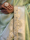 Banarasee Handwoven Tissue Saree With Zari Weaving Design & Lace-Leaf Green
