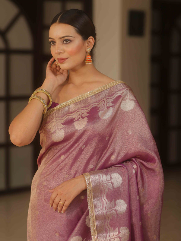 Banarasee Handwoven Soft Tissue Saree Zari Border With Lace-Magenta