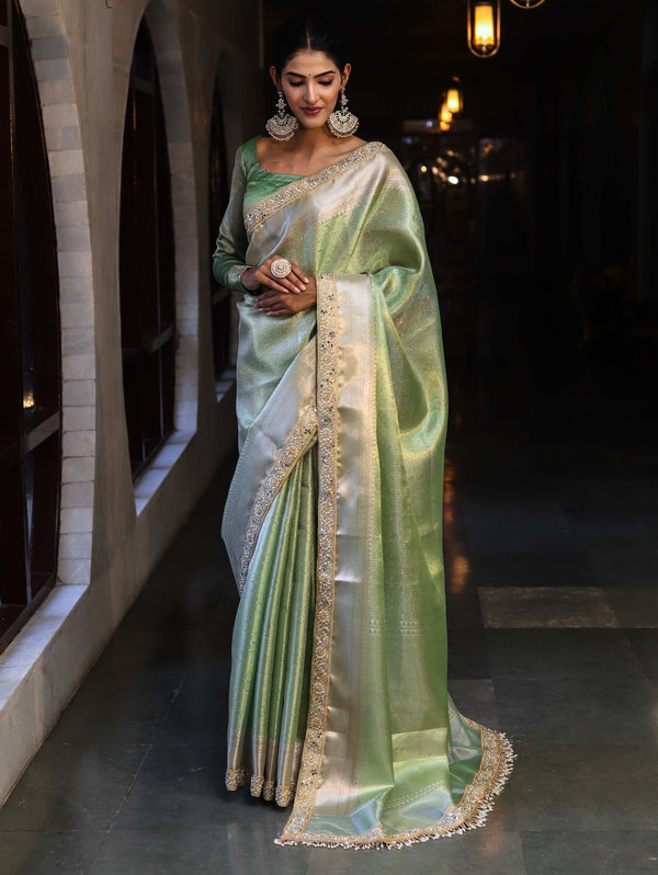 Banarasee Handwoven Tissue Saree With Zari Weaving Design & Lace-Leaf Green