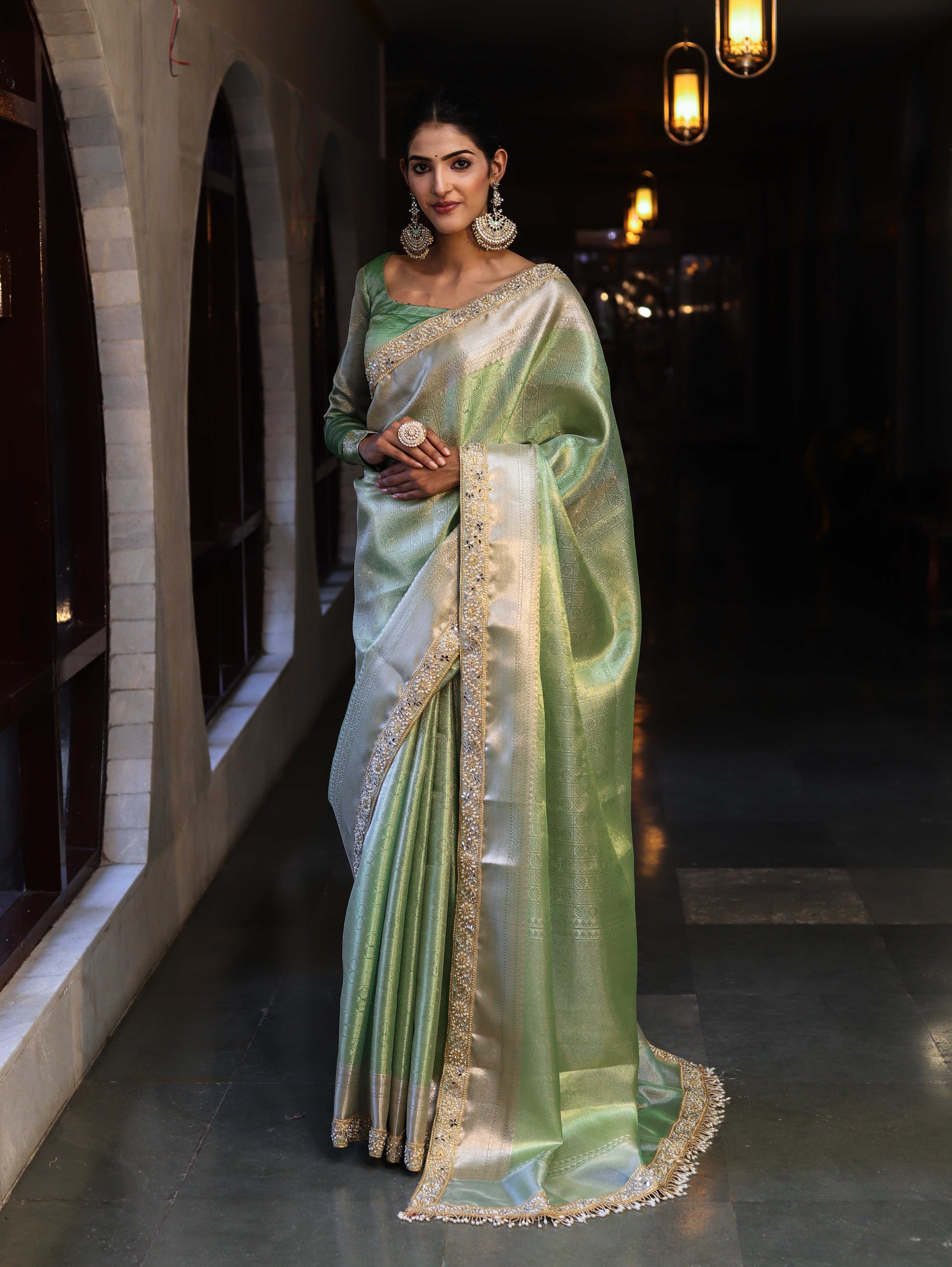 Banarasee Handwoven Tissue Saree With Zari Weaving Design & Lace-Leaf Green