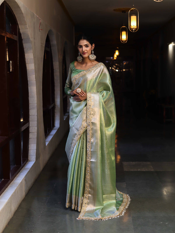 Banarasee Handwoven Tissue Saree With Zari Weaving Design & Lace-Leaf Green