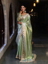 Banarasee Handwoven Tissue Saree With Zari Weaving Design & Lace-Leaf Green