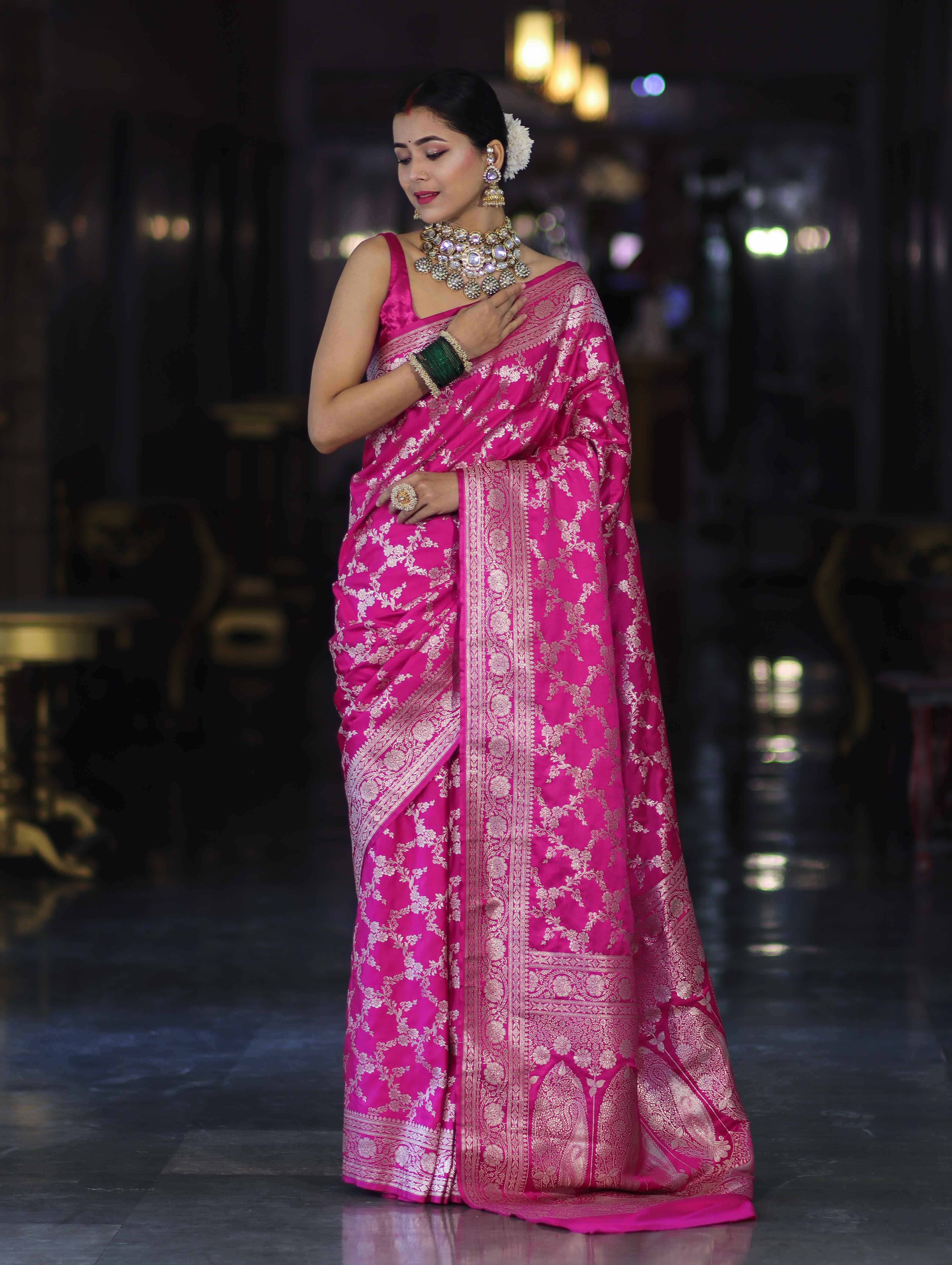 Banarasee Handloom Mashru Silk Saree With Zari Jaal Work & Floral Border-Pink