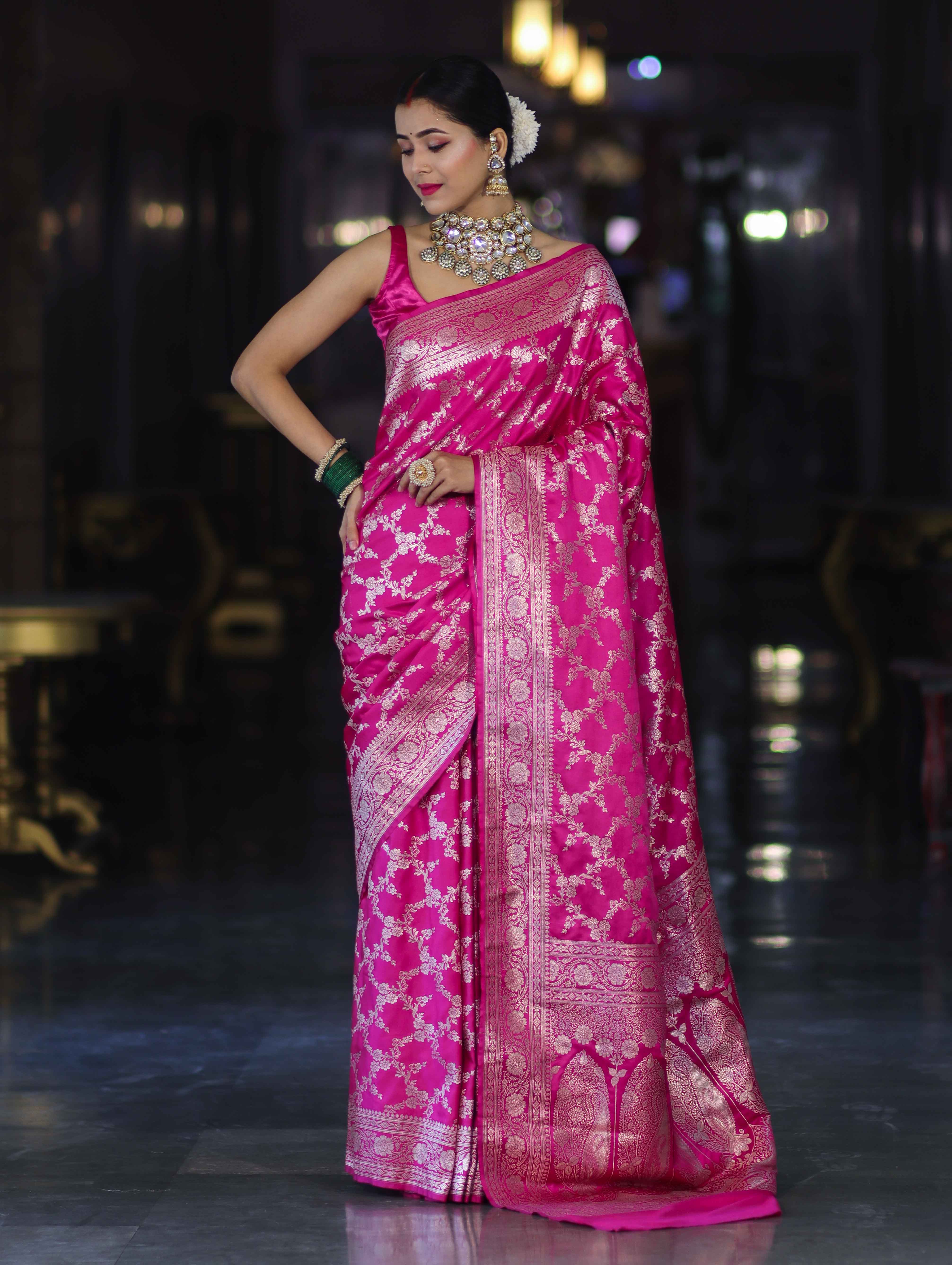 Banarasee Handloom Mashru Silk Saree With Zari Jaal Work & Floral Border-Pink