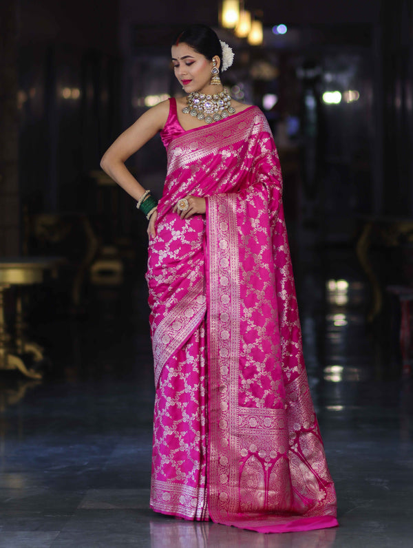 Banarasee Handloom Mashru Silk Saree With Zari Jaal Work & Floral Border-Pink