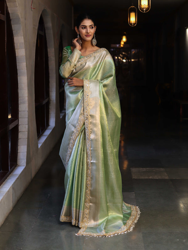 Banarasee Handwoven Tissue Saree With Zari Weaving Design & Lace-Leaf Green