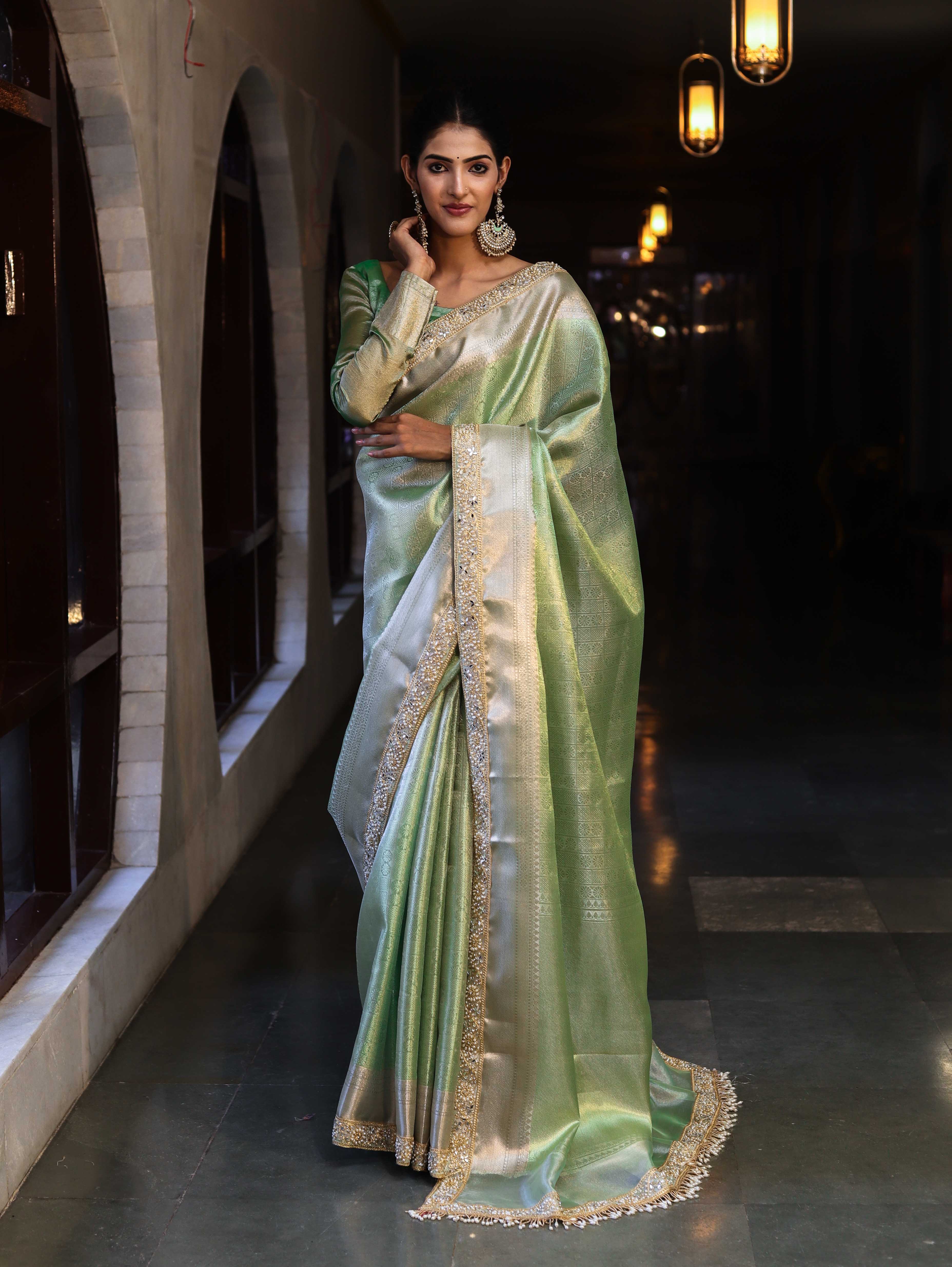 Banarasee Handwoven Tissue Saree With Zari Weaving Design & Lace-Leaf Green