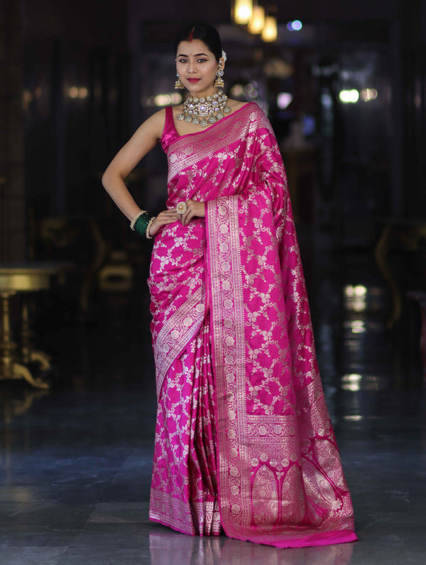 Banarasee Handloom Mashru Silk Saree With Zari Jaal Work & Floral Border-Pink