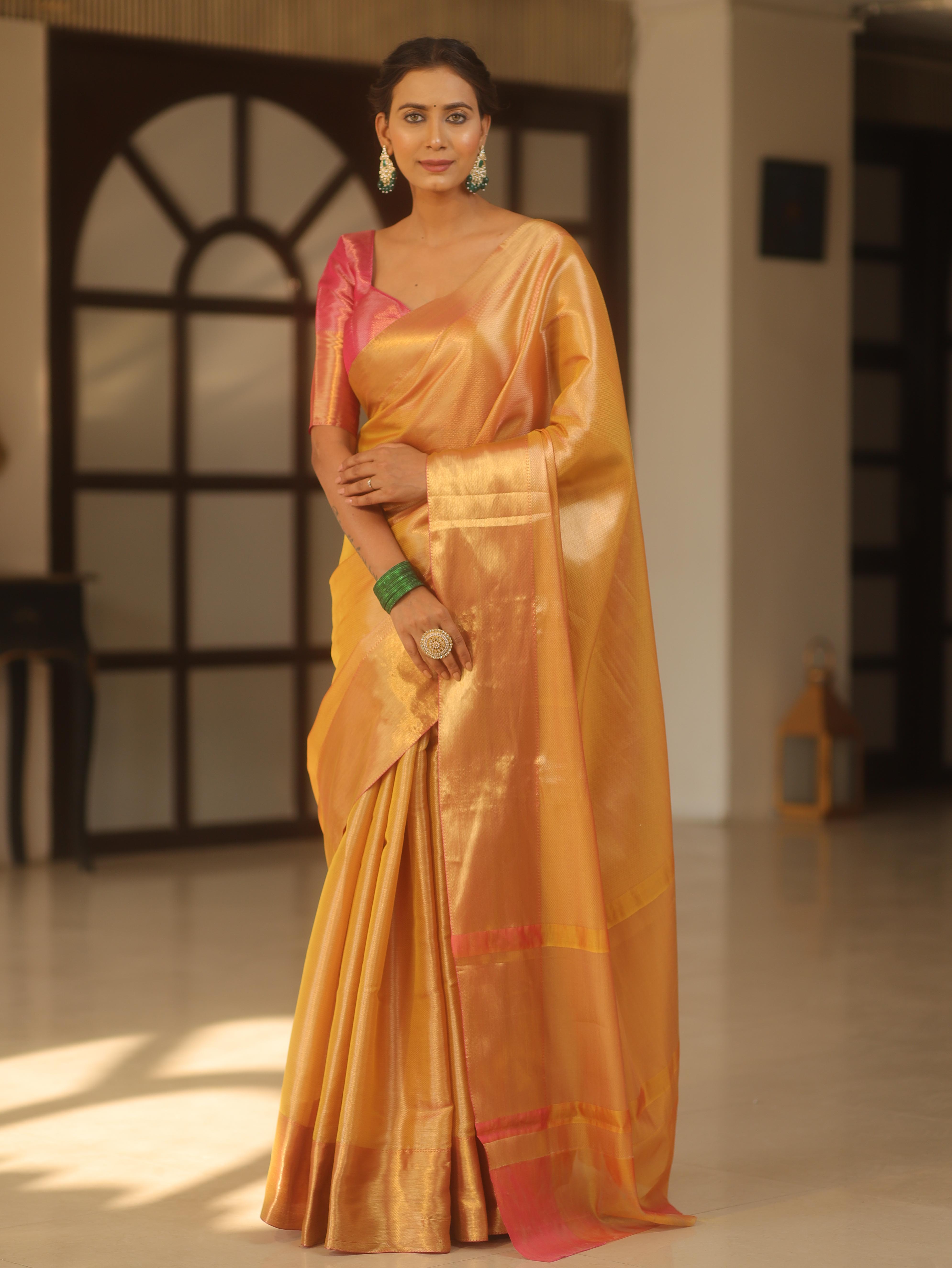 Banarasee Handwoven Tissue Zari Saree-Yellow & Pink