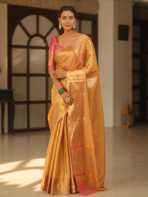 Banarasee Handwoven Tissue Zari Saree-Yellow & Pink