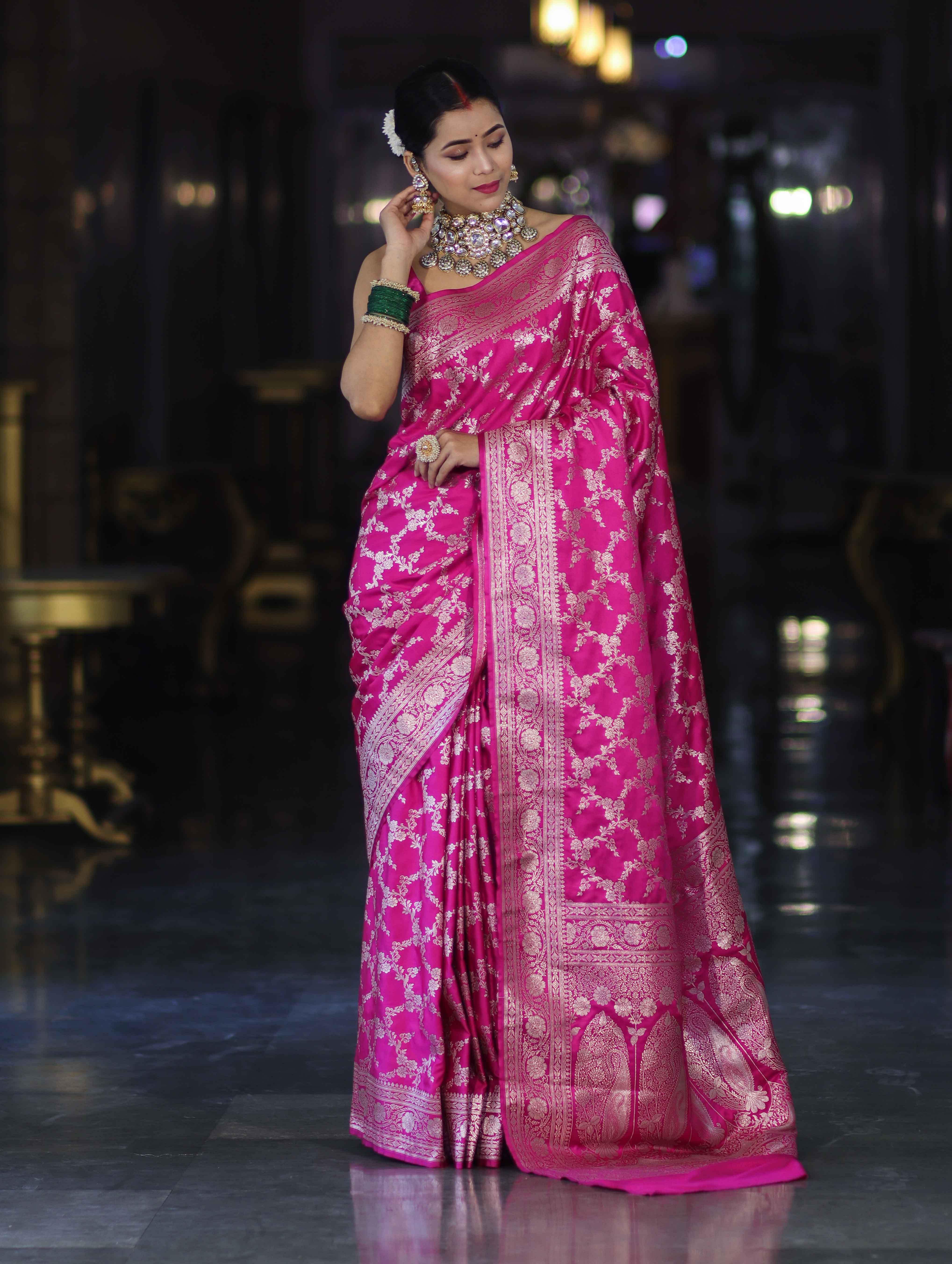 Banarasee Handloom Mashru Silk Saree With Zari Jaal Work & Floral Border-Pink