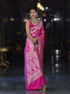 Banarasee Handloom Mashru Silk Saree With Zari Jaal Work & Floral Border-Pink