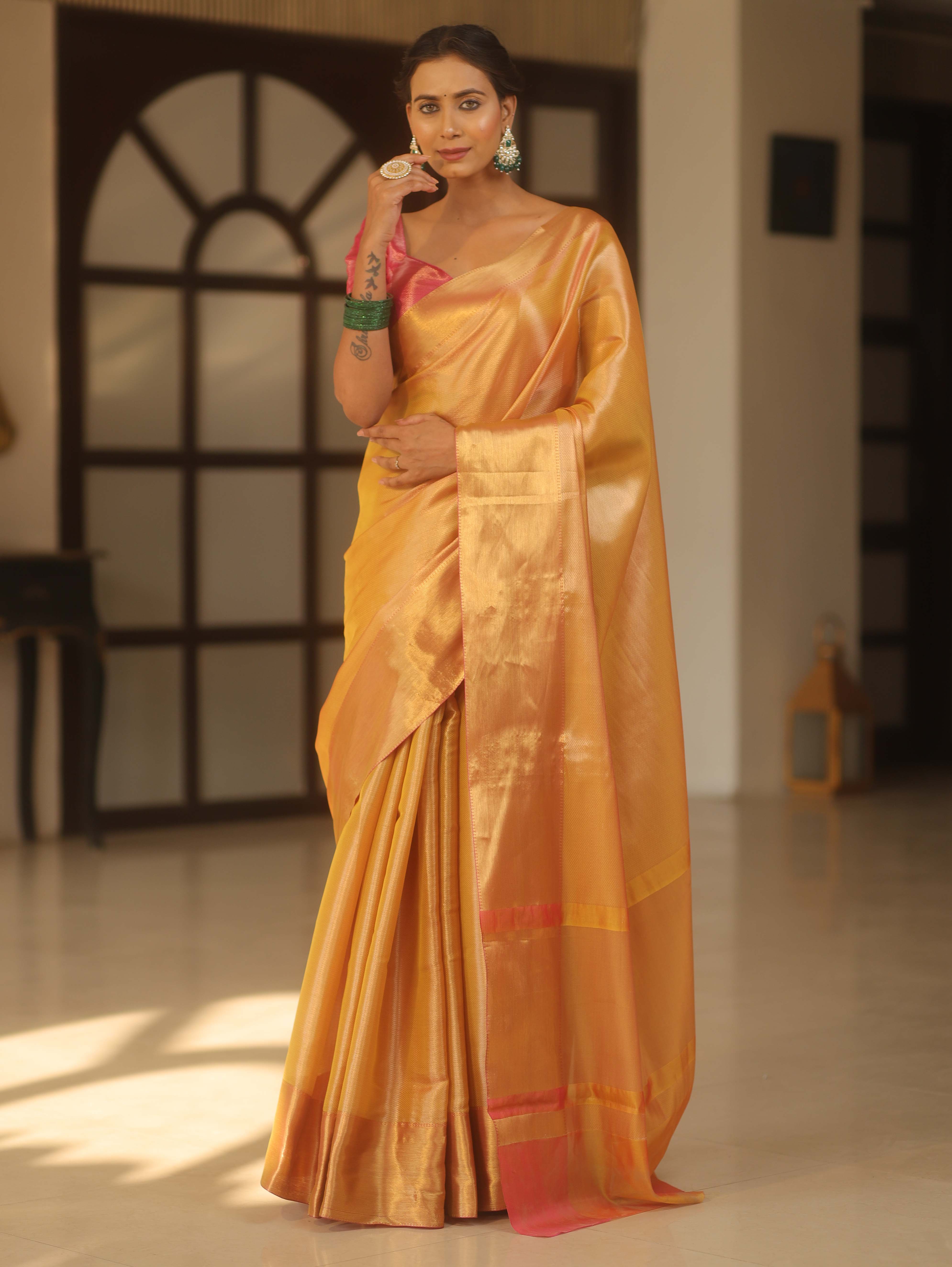 Banarasee Handwoven Tissue Zari Saree-Yellow & Pink