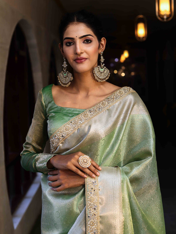 Banarasee Handwoven Tissue Saree With Zari Weaving Design & Lace-Leaf Green