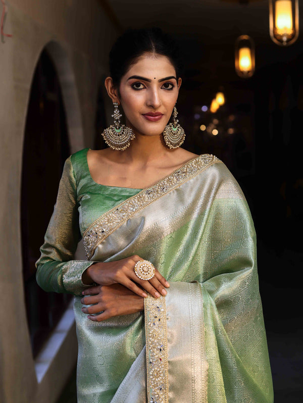 Banarasee Handwoven Tissue Saree With Zari Weaving Design & Lace-Leaf Green