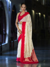Banarasee Handloom Semi Silk With Sona Rupa Zari Work & Contrast Border-Cream & Red