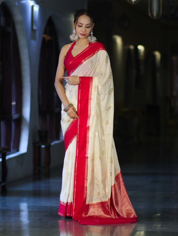 Banarasee Handloom Semi Silk With Sona Rupa Zari Work & Contrast Border-Cream & Red