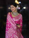 Banarasee Handloom Mashru Silk Saree With Zari Jaal Work & Floral Border-Pink