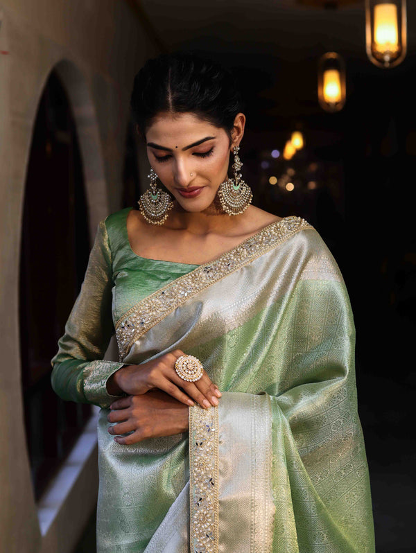 Banarasee Handwoven Tissue Saree With Zari Weaving Design & Lace-Leaf Green