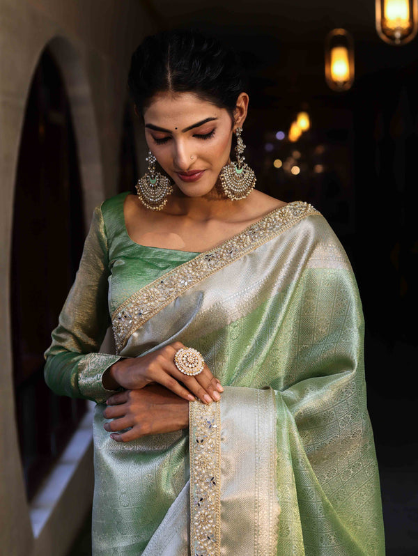 Banarasee Handwoven Tissue Saree With Zari Weaving Design & Lace-Leaf Green