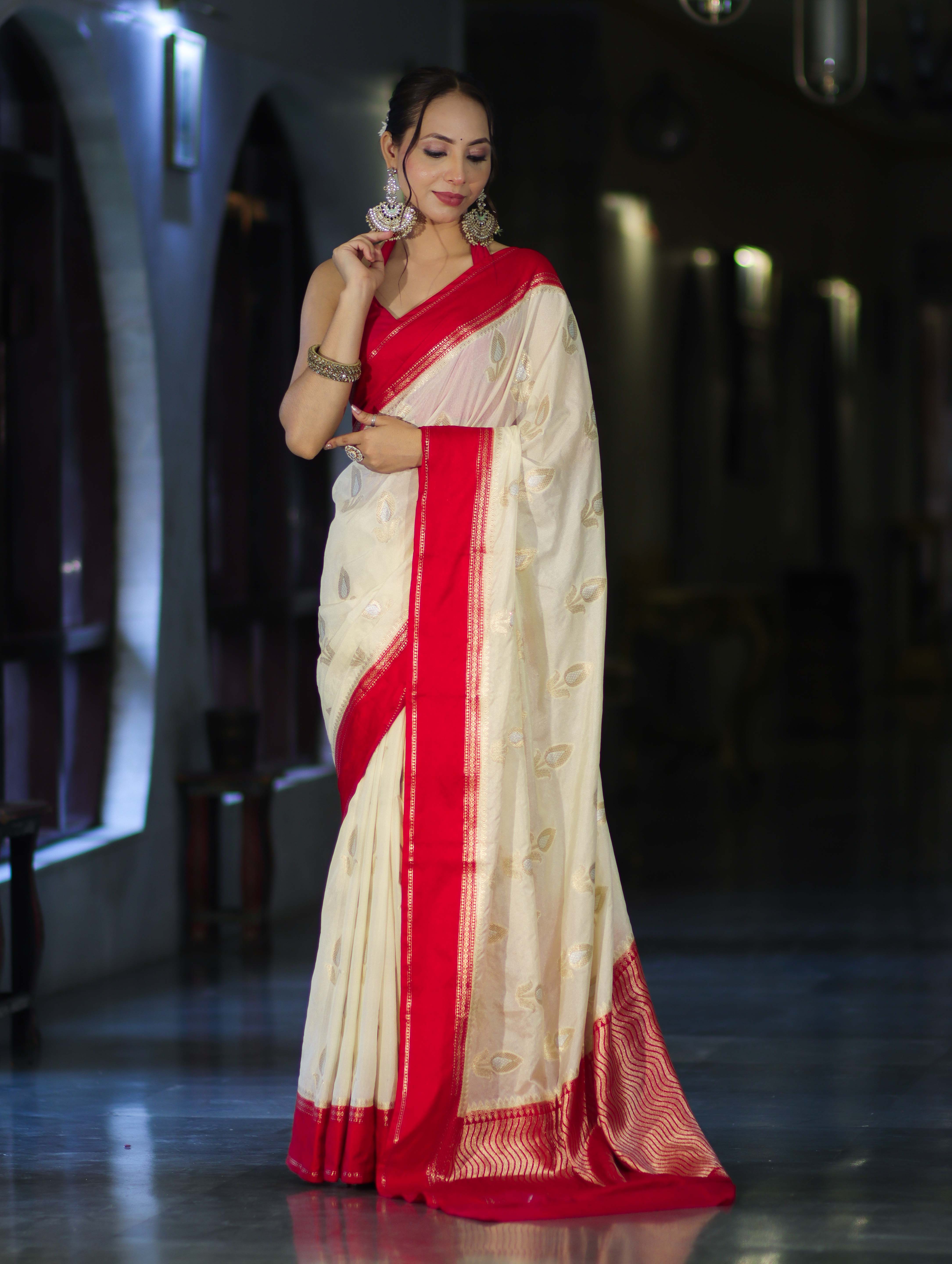 Banarasee Handloom Semi Silk With Sona Rupa Zari Work & Contrast Border-Cream & Red