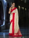 Banarasee Handloom Semi Silk With Sona Rupa Zari Work & Contrast Border-Cream & Red