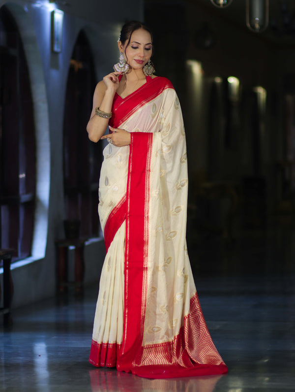 Banarasee Handloom Semi Silk With Sona Rupa Zari Work & Contrast Border-Cream & Red