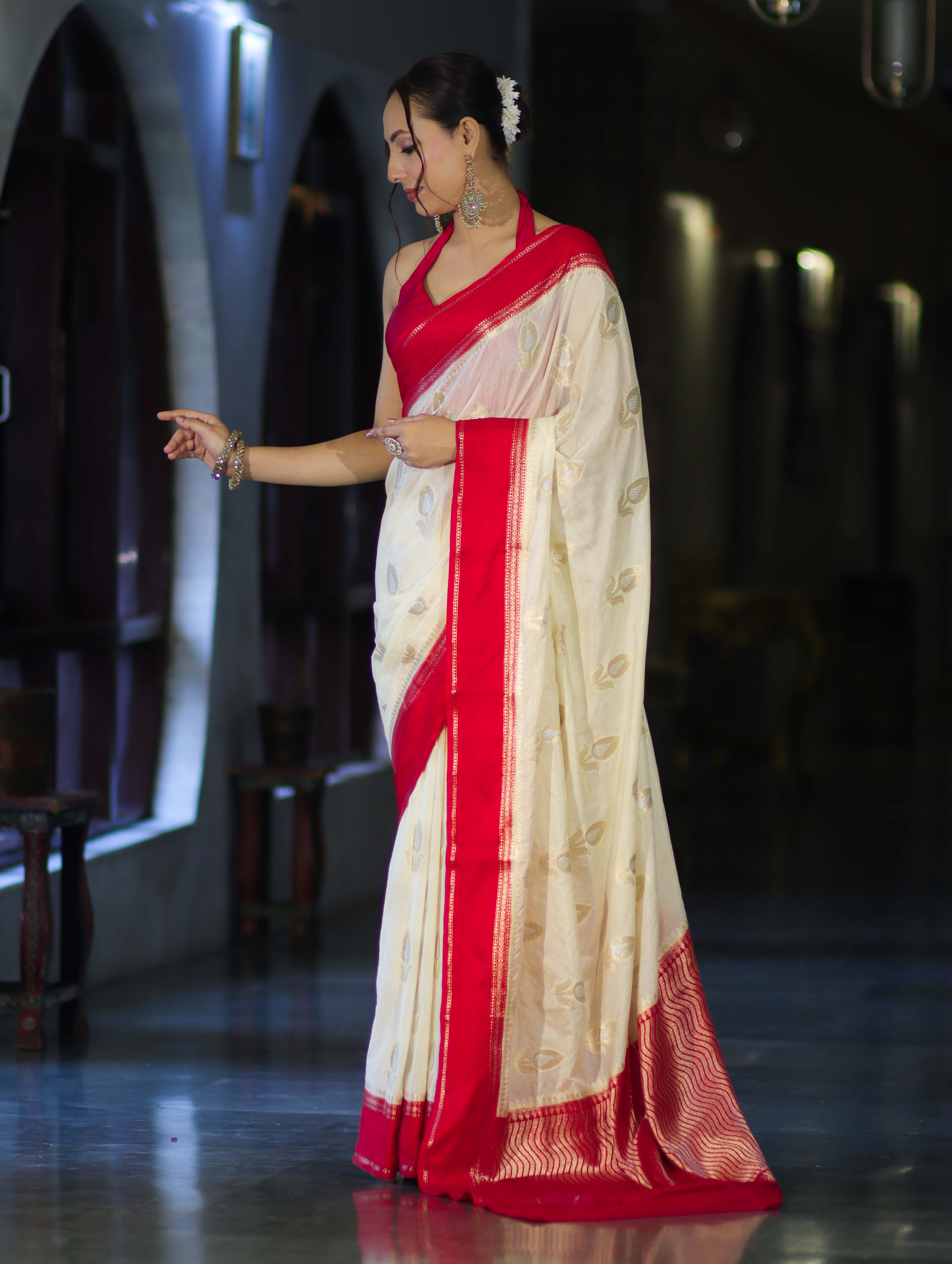 Banarasee Handloom Semi Silk With Sona Rupa Zari Work & Contrast Border-Cream & Red