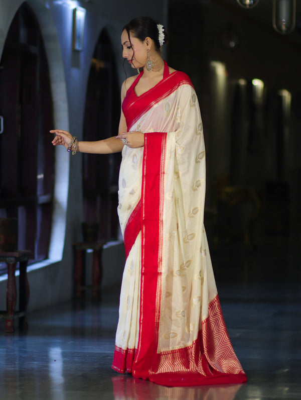 Banarasee Handloom Semi Silk With Sona Rupa Zari Work & Contrast Border-Cream & Red