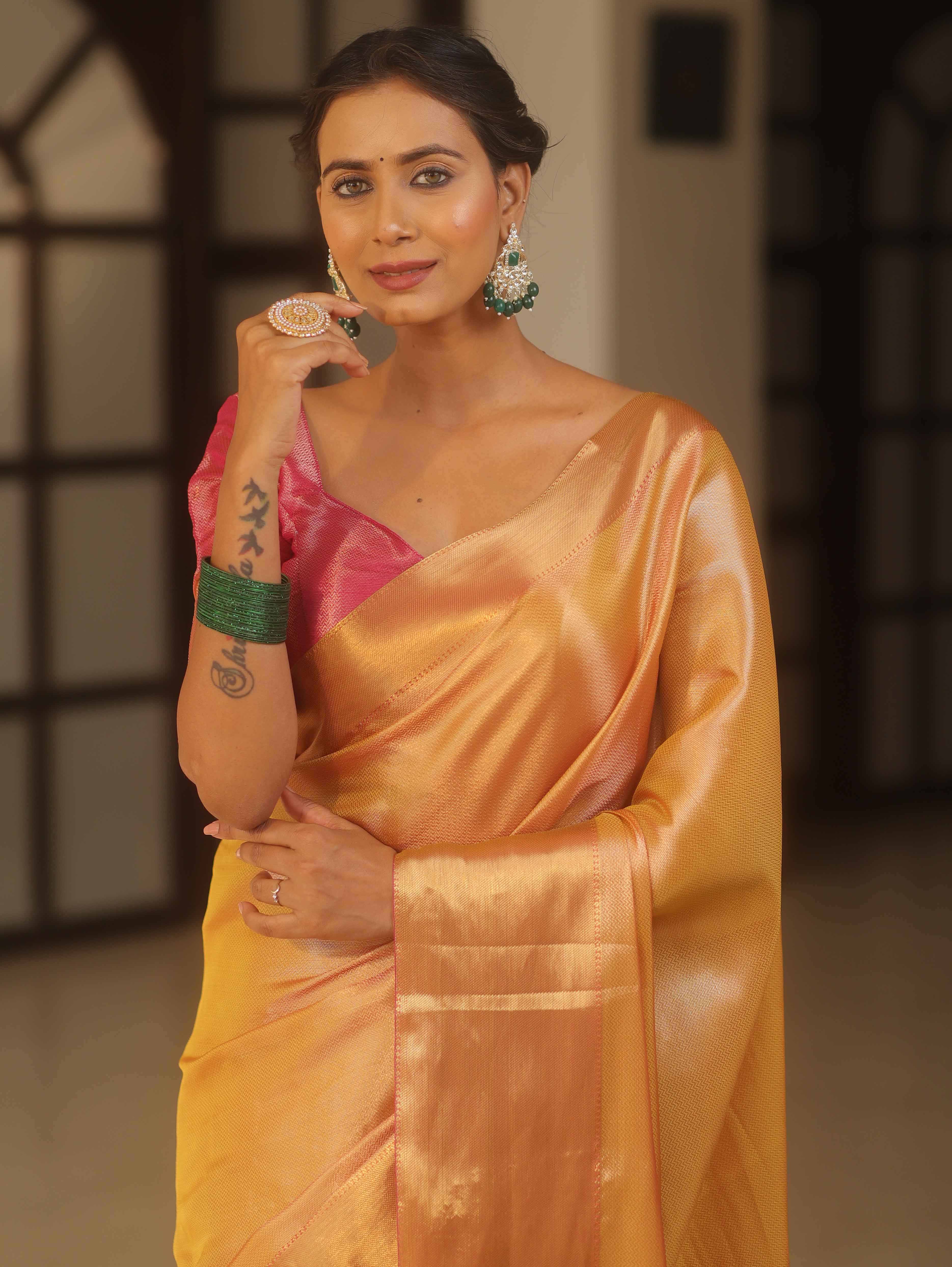 Banarasee Handwoven Tissue Zari Saree-Yellow & Pink