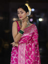 Banarasee Handloom Mashru Silk Saree With Zari Jaal Work & Floral Border-Pink