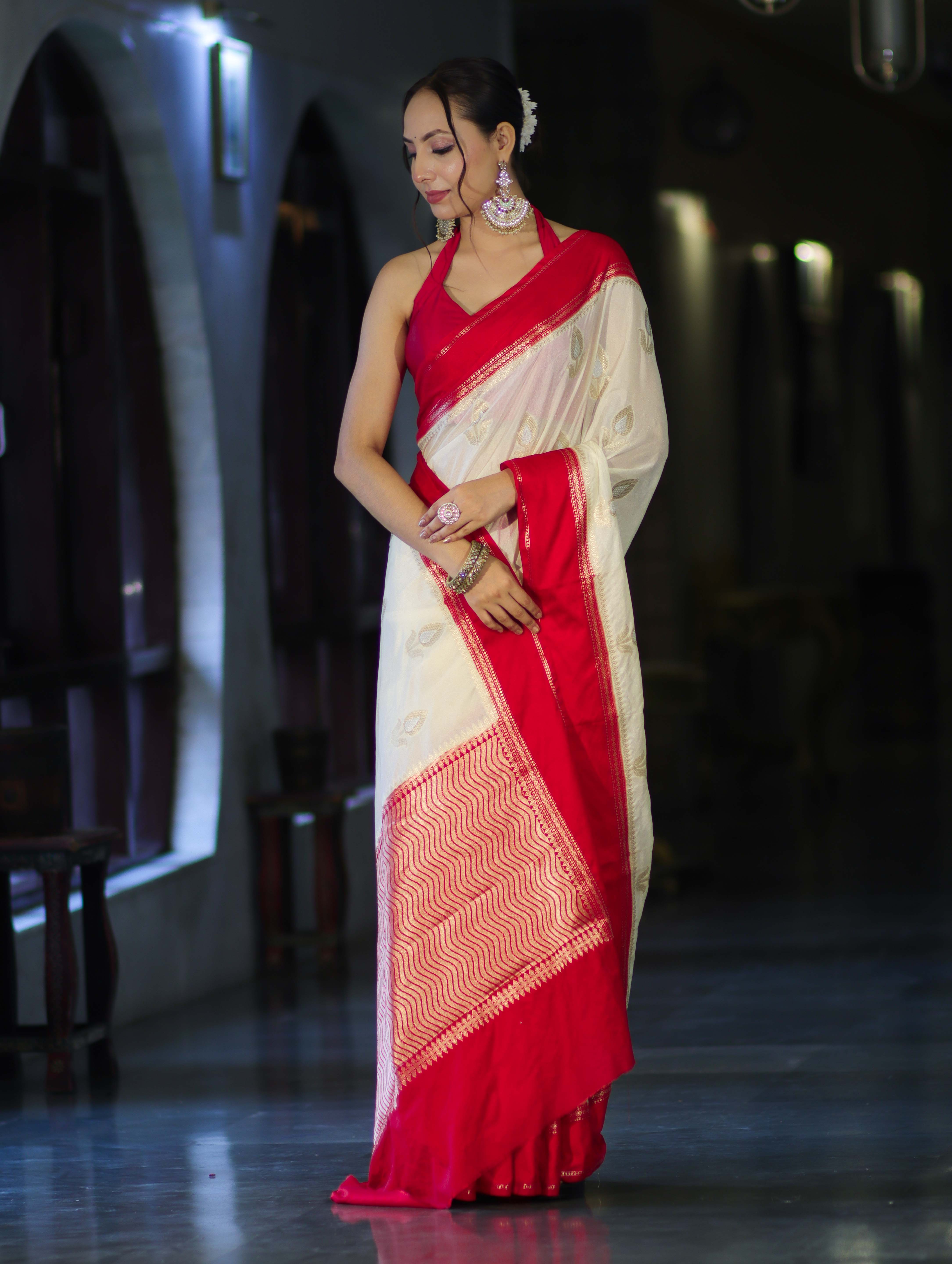 Banarasee Handloom Semi Silk With Sona Rupa Zari Work & Contrast Border-Cream & Red