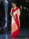 Banarasee Handloom Semi Silk With Sona Rupa Zari Work & Contrast Border-Cream & Red