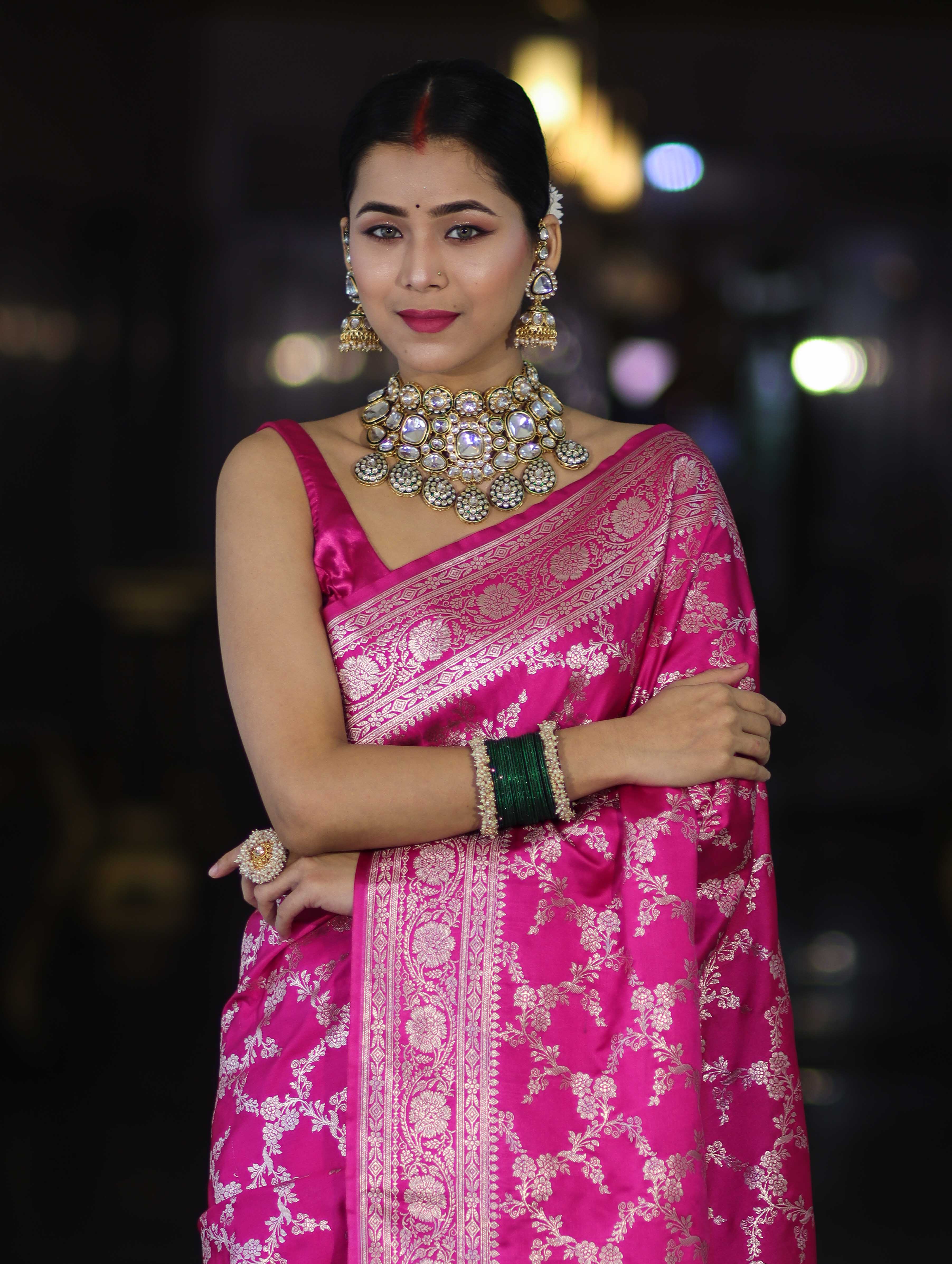 Banarasee Handloom Mashru Silk Saree With Zari Jaal Work & Floral Border-Pink