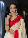 Banarasee Handloom Semi Silk With Sona Rupa Zari Work & Contrast Border-Cream & Red