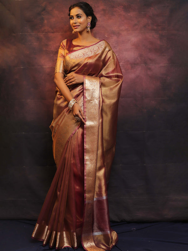 Banarasee Handwoven Plain Tissue Zari Border Saree-Rose Pink