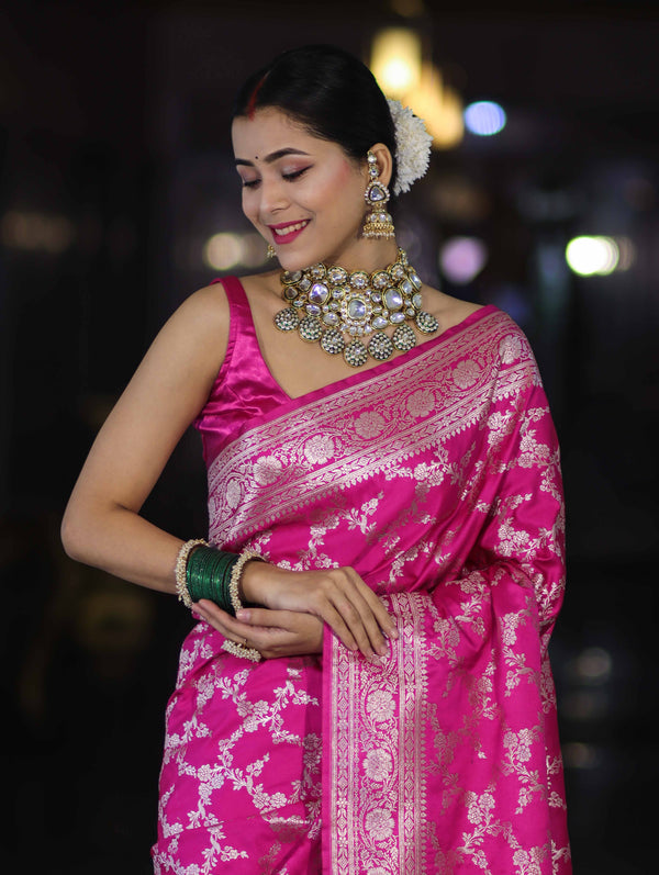 Banarasee Handloom Mashru Silk Saree With Zari Jaal Work & Floral Border-Pink