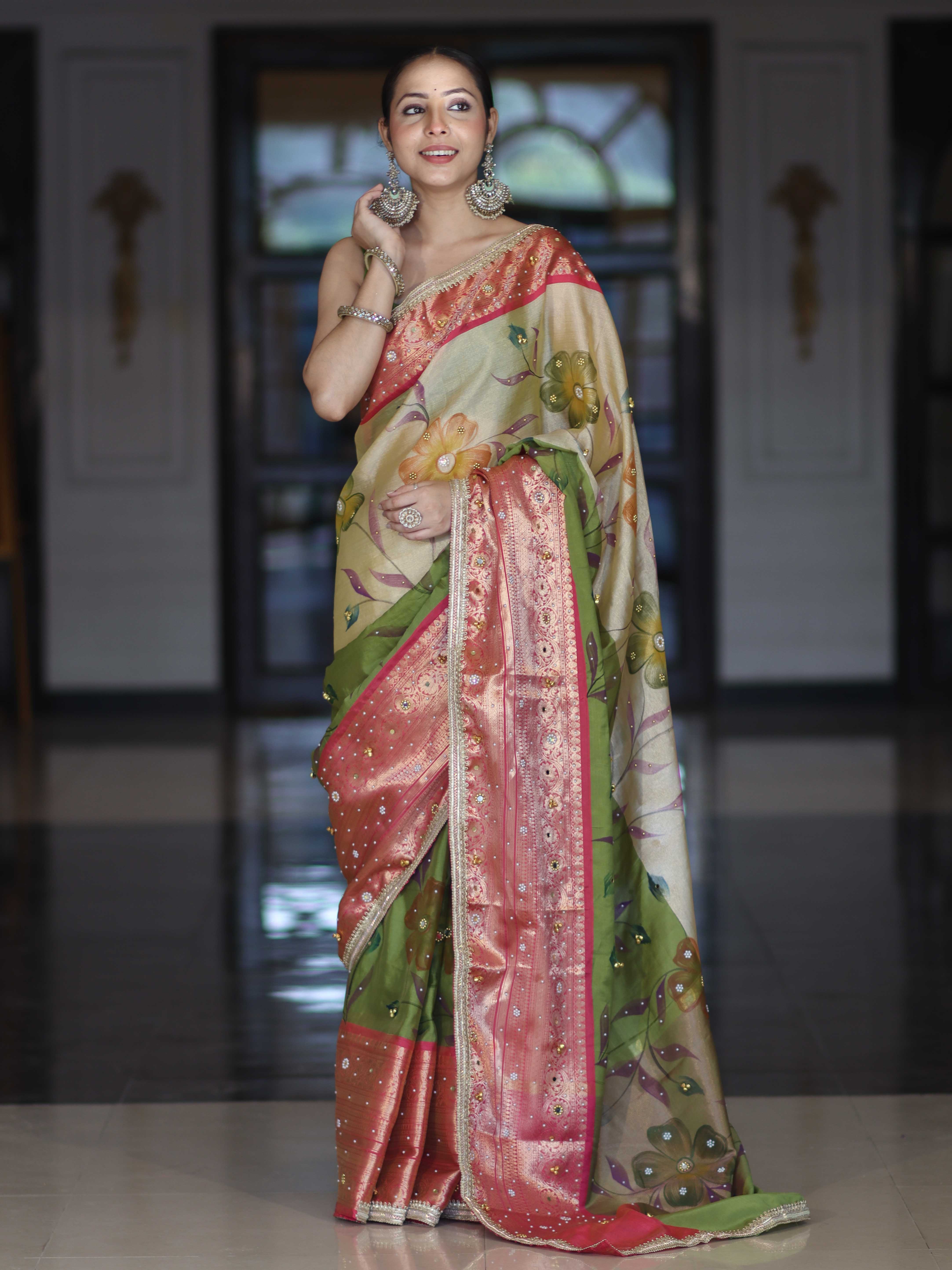 Banarasee Soft Silk Embroidered Saree With Hand Painted Floral Design & Contrast Border-Multicolor